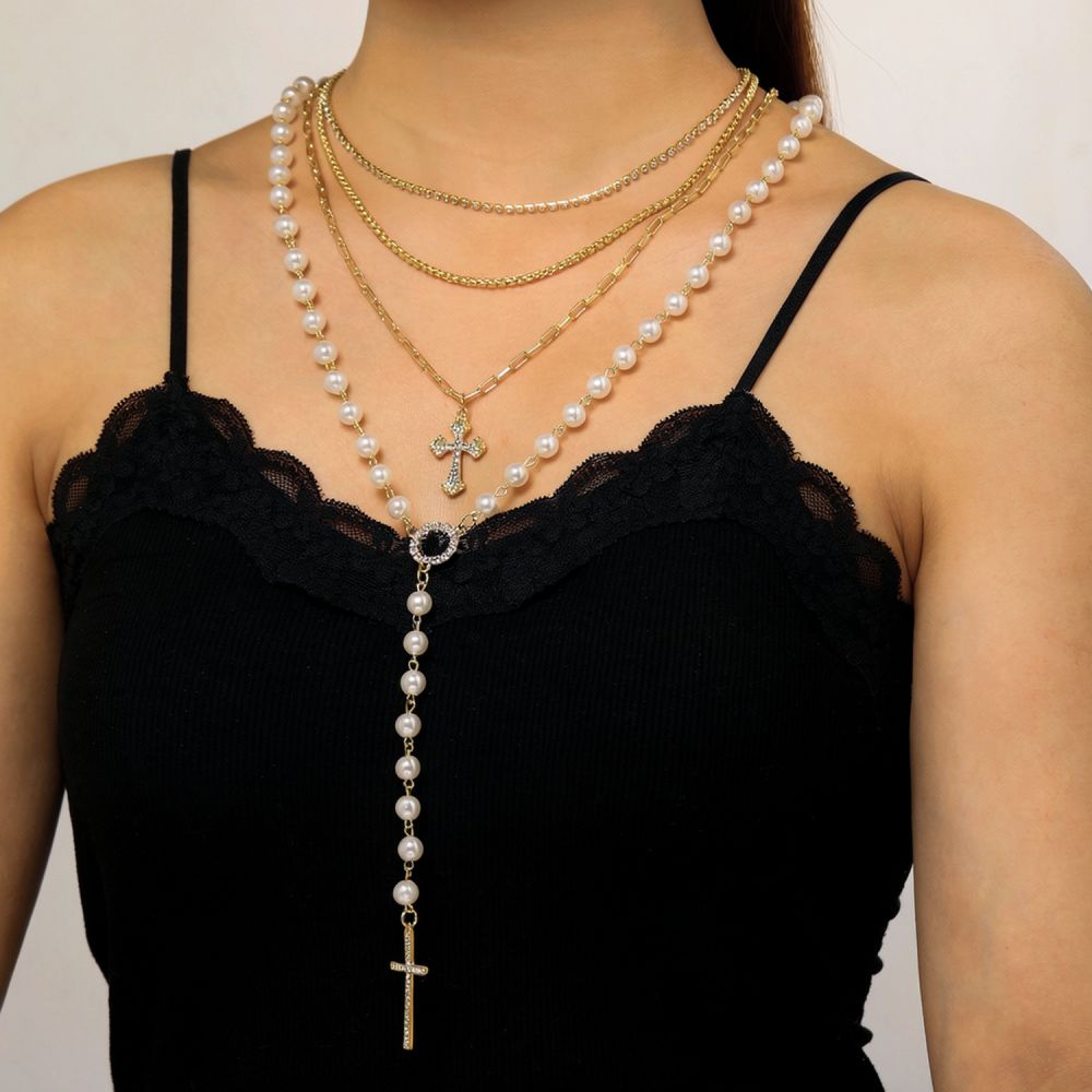 Elegant Layered Cross Pendant  - Layered Pendant Necklace Aesthetic ulasan dan harga