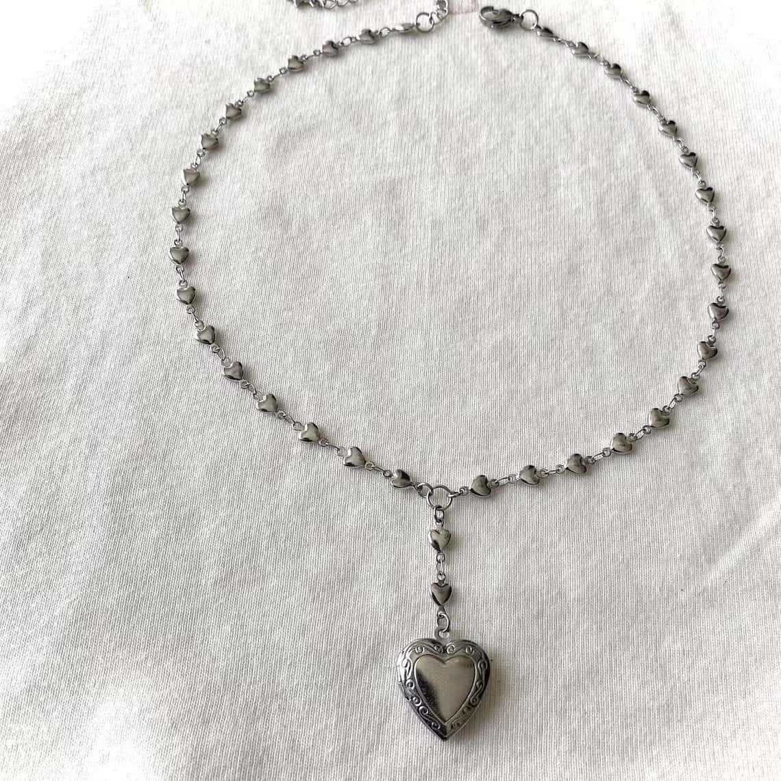 Rosary Lariat Chain Necklace w - Heart Locket Necklace Photo ulasan dan harga